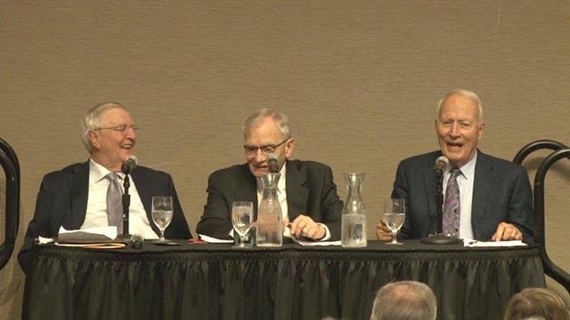 Walter Mondale, Gary Eichten, Dave Durenberger (left to right) speak at the Selim Center for Lifelong Learning at the University of St. Thomas in St. Paul.