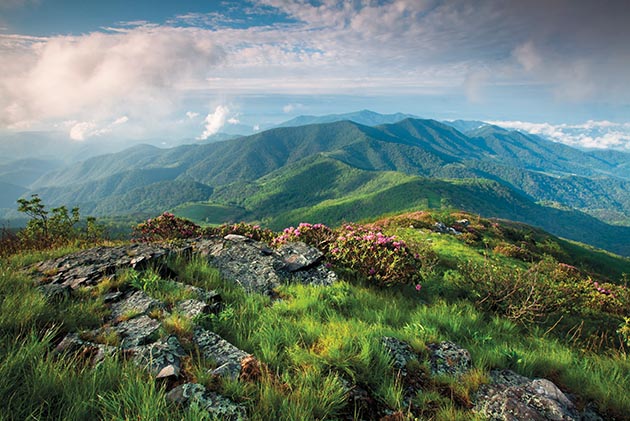 The Blue Ridge Mountains are visible from the Grassy Ridge spur trail off the Appalachian Trail near the North Carolina-Tennessee border.