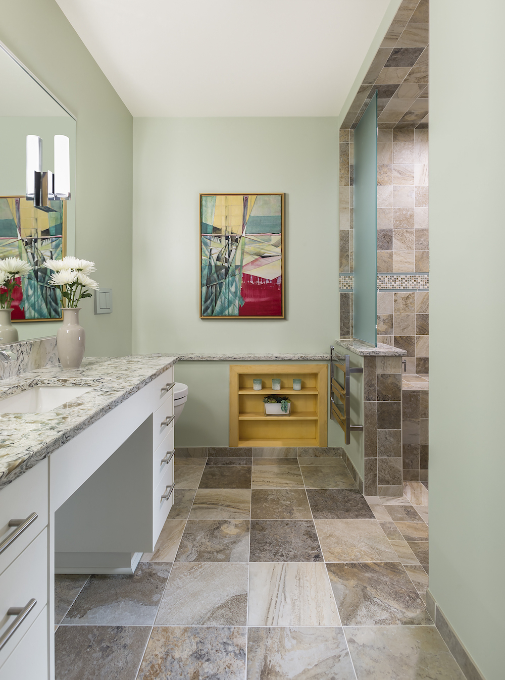 Green bathroom with elements of universal design